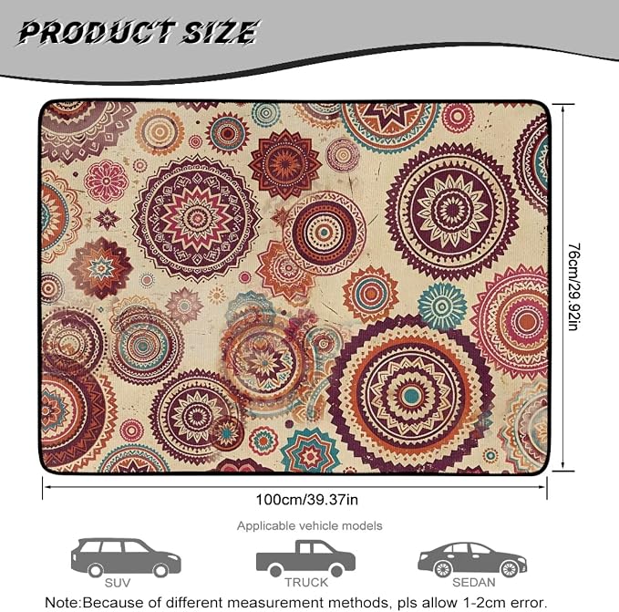 Howilath Heavy Duty Car Trunk Mat All Weather Non-Slip Vintage Boho Mandala Rear Trunk Mat Durable Polyester Carpet Auto Interior Accessory