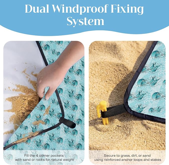OIGAE Beach Blanket Waterproof Sandproof Oversized Beach Mat | Picnic Mat with Stakes, Storage Bag - Essentials for Outdoor Beach, Picnic,Quick-Dry Lightweight,Windproof Pockets
