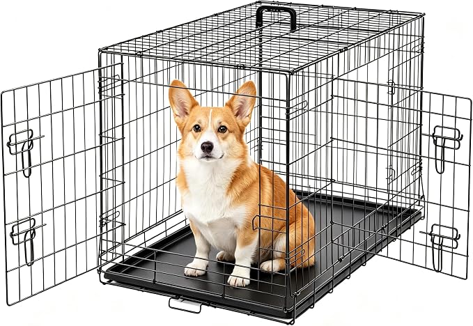 Dog Crate 36 Inch Medium Dog Cage Foldable Indoor Outdoor Pet Kennel | Double Door Metal Wire Portable Dog Kennel with Secure Lock, Leak-Proof Pan Tray, Dog Training and Travel
