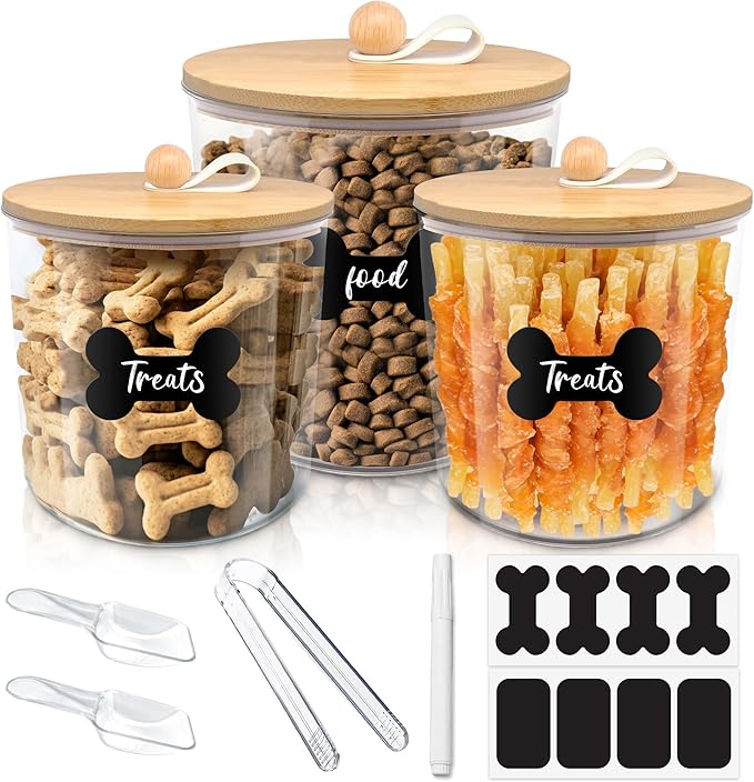 HOYTAMDAR 3 Pack Airtight Dog Treat Containers Bamboo Lids, Dog Treat Jars | Dog Food Storage Container with Scoops, Clamps, Labels and Marker, Dog & Cat Treat Holder