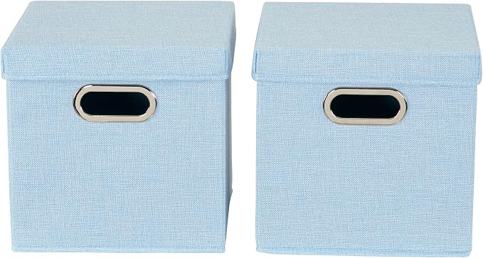Household Essentials 816-1 Café Cube Bin Storage Set with Lids and Handles | 16 Pack, Baby Blue Linen