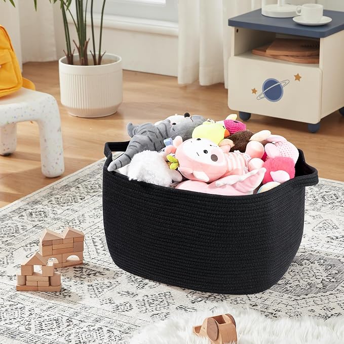 OIASKET Large Blanket Basket, Black Blanket Storage Living Room, Rectangle Woven Baskets for Storage Toys, Towels, Dirty Clothes Organizer Bins (Black)
