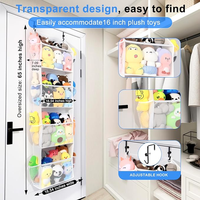 Over the Door Stuffed Animal Storage, Holds Up To 75 lbs, Easy View Over The Door Storage, Versatile For Stuffed Animal, ideal for Storing Small To Medium Items On Any Door.(White)