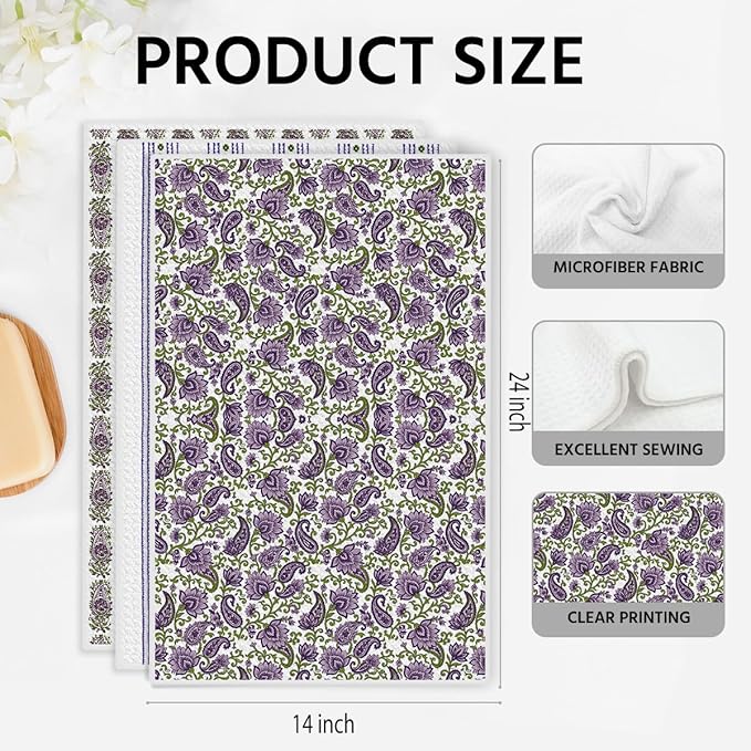 3 Pcs Retro Flower Kitchen Towels, Colorful Flower Soft Absorbent Hand Tea Towel, Microfiber Dish Cloths for Drying Dishes, Waffle Dish Towels for Kitchen Farmhouse Decor, Floral Gifts for Women Mom04
