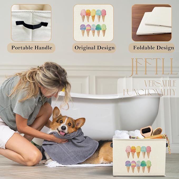 Summer Ice Cream Storage Bins with Handles, Ice Cream Lovers Gifts, Colorful Ice-Creams Collapsible Laundry Basket Storage Box for Home Bedroom Bathroom Clothes Toys Books