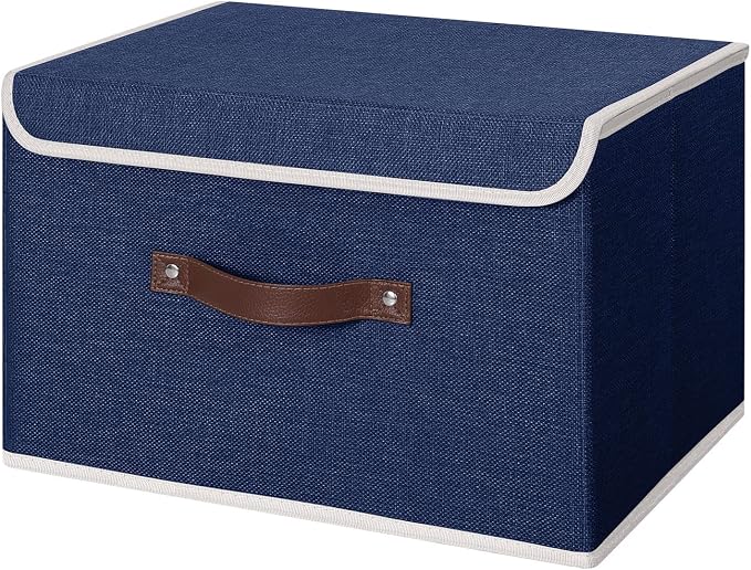ANMINY Fabric Storage Box Bins with Lids, Blue, 15"x10"x10" | Keepsake Memory Storage, Cotton Linen, PP Board Reinforced, Washable, PU Handles, Foldable & Stackable, Decorative, Large