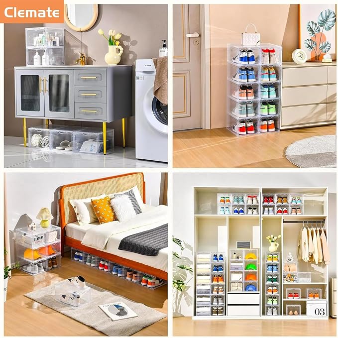 Clemate Upgraded X-Large Shoe Storage Box,8 Pack,Shoe Box Clear Plastic Stackable,Drop Front Shoe Box with Clear Door,Shoe Organizer and Shoe Containers For Sneaker Display,Fit up to US Size12