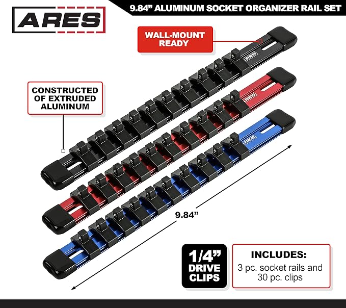 ARES 60077 1/4-In Multi-Color Socket Rail 9.84-In | Part No. 60077; Includes Red, Blue, and Black Rails; Each Aluminum Rail Stores up to 10 Sockets