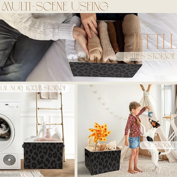 Black Leopard Print Storage Bins with Handles, Cheetah Print Room Decor, Trendy Leopard Collapsible Laundry Basket Storage Box for Home Bedroom Bathroom Clothes Toys Books