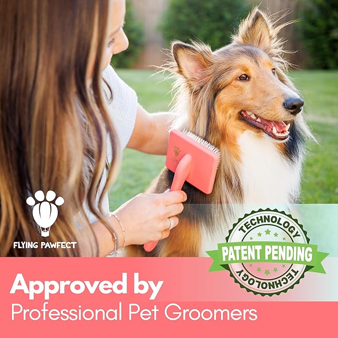 Flying Pawfect Dog Slicker Brush for Grooming Pet Hair - Best Slicker For Poodle & Golden Doodle - Long Haired Tool For Dogs - Goldendoodle Long Pin Brush For Dematting (Coral, Flat Large)