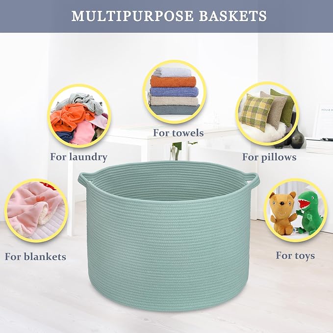 Large Cotton Rope Blanket Basket, 87L Laundry Hamper, Light Green