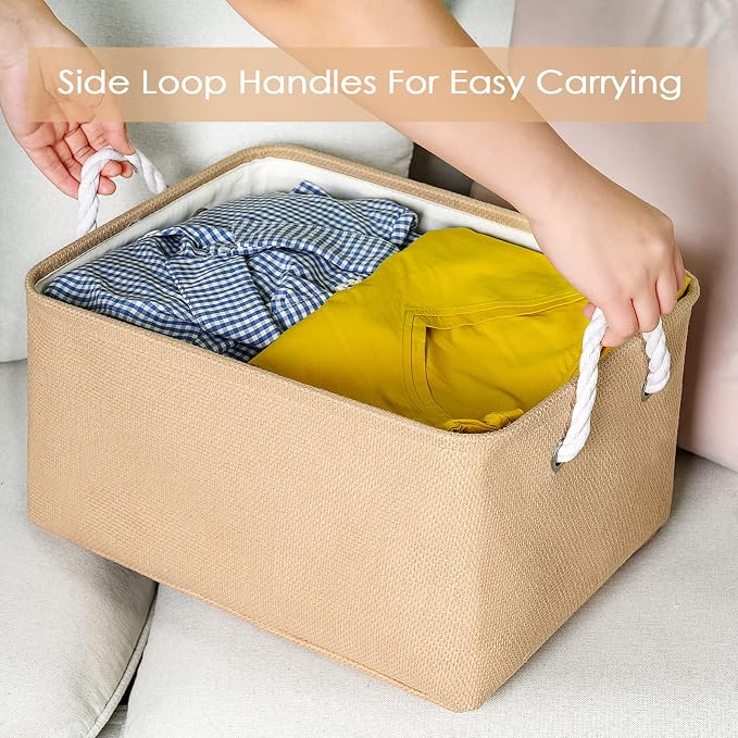 Large Storage Basket - Fabric Storage Baskets for Organizing Shelves, Collapsible Storage Bin Organizer for Closet Bookself Laundry Dog Toy Home Organization, Decorative Beige Basket Gift