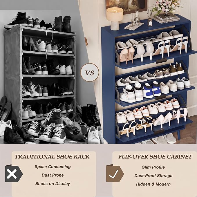 Shoe Storage Cabinet with 3 Flip Drawers, Narrow Wood Shoe Organizer Cabinet with Fluted Panel, Slim Shoe Rack for Entryway, Freestanding Shoe Cabinet for Living Room, Hallway, Blue