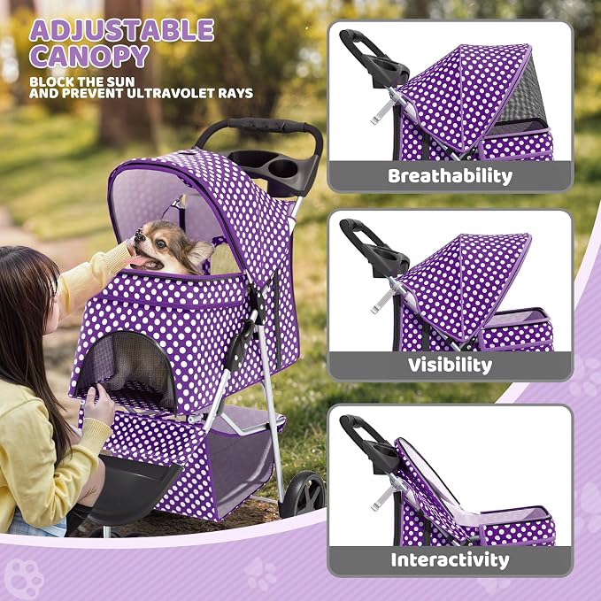 Magshion 3-Wheel Pet Stroller for Small/Medium Dogs & Cats, Up to 33lbs | Foldable Travel Jogger w/ Breathable Mesh Cover, Lightweight Design, Safety Tethers, Cup Holder & Storage Basket