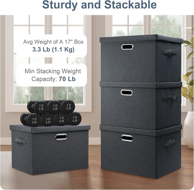 Graciadeco Large 17" 36 Quart Collapsible Stackable Storage Bins with Lids, 5 Packs Dark Gray Foldable Fabric Closet Storage Boxes with Lids Heavy-duty Linen Cube Baskets(17 x 12 x 11) | 36 Quart 5 Pack Dark Gray Collapsible Stackable Linen Fabric 4 Ha...