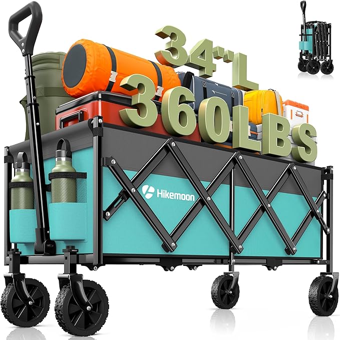 34'' Extra Long Folding Portable Wagon, 120L 360LBS Turquoise | Wagons Carts Foldable, Heavy Duty, Collapsible Compact Storage, Utility for Shopping/Grocery/Garden/Camping/Sports