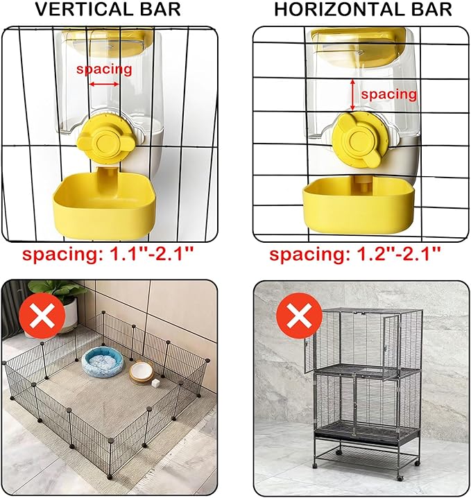 Rabbit Water Bottle, 34oz Pet Hanging Water Dispenser, Cat Water Feeder for Small Animal Ferret Guinea Pig Chinchilla Small Dog Cage Grid Spacing 1.2''-2.1''(Yellow)