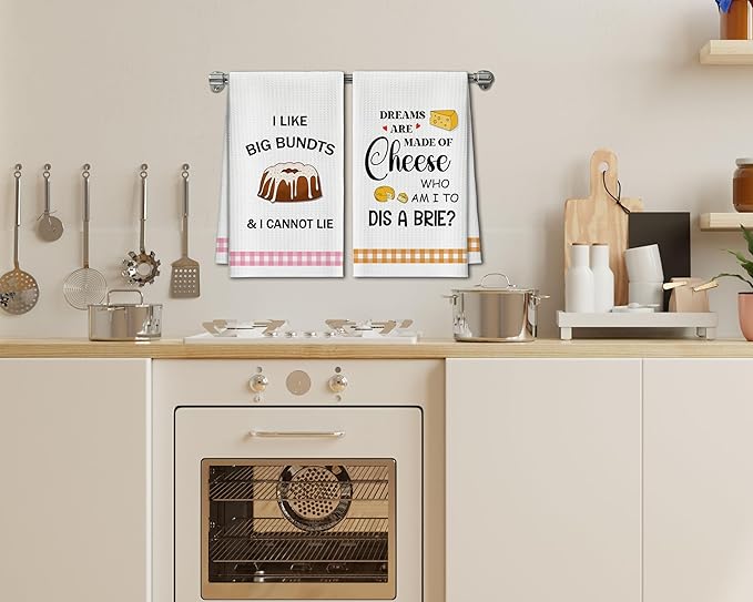Kitchen Towels Set of 2, Cheese and Bundts Dish Towel for Kitchen, Decorative Hand Towels for Bathroom, Fast Drying Tea Towel with Funny Sayings, Housewarming Xmas Gifts for Women Mom -B18