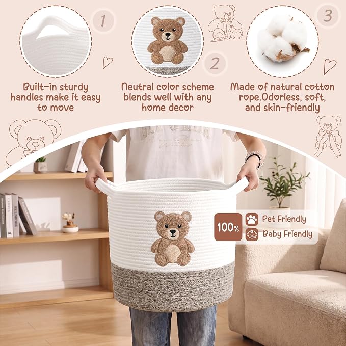 LemonRoad Teddy Bear Basket 14"x14", Baby Laundry Basket with Handles | Bear Hamper, Baby Storage Basket, Toy Organizer for Nursery, Woven Cotton Rope Blankets, Stuffed Animals Clothes for Kid Room