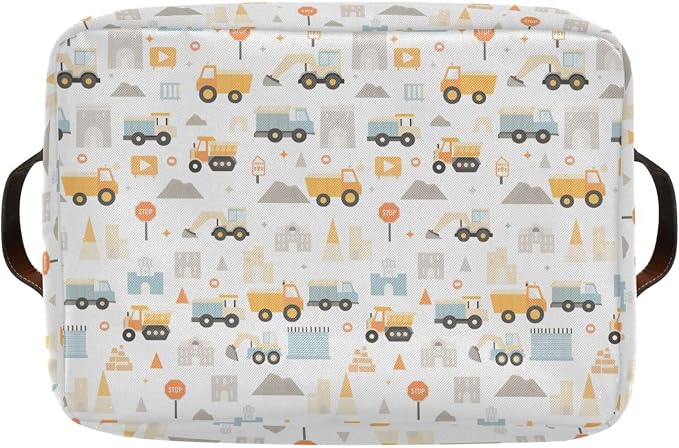 Wamika Excavator Truck Storage Basket Fabric Kitchen Baskets Cars Boys Open Home Storage Bins Boxes Foldable Organizer Bag for Baby Cloth Book Shelf Closet Baskets 16×12×8 Inches