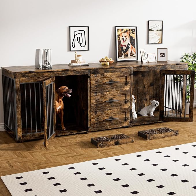 Rophefx 94.5" Dog Crate Furniture for 2 Dogs, Wooden Kennel TV Stand,Brown | Indoor double dog house with 3 storage drawers, 4 feeding bowls, lockable doors, and a wide top for large and medium dogs