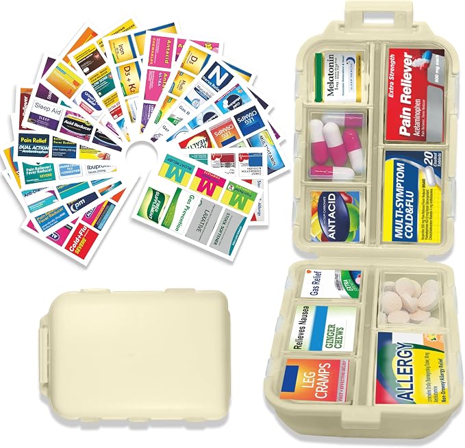 Large Pill Organizer with 146 Medicine Labels, Beige Travel Pill Case | Large 10-compartment pill case with 146 labels for vitamins, supplements, daily meds, 7-day planning, work, travel, and home