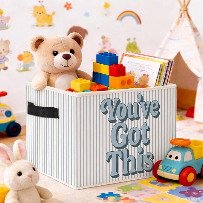You’ve Got This Storage Bin, Blue White Stripe Fabric Basket | Motivational foldable fabric organizer for nursery, bedroom, classroom, toys, books, and clothes