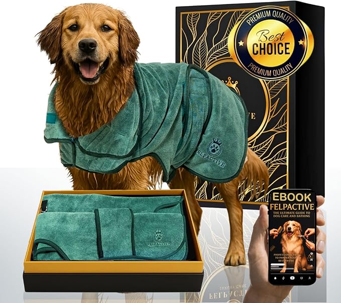 |FELPACTIVE® Premium Dog Drying Robe | Sizes S - XXXL | Quick-Drying Super Absorbent Double-Layer Microfiber | Soft & Snug Fit | Includes Luxury Gift Box + EBOOK | Dog Bath Robe, Pet Warming Bathrobe