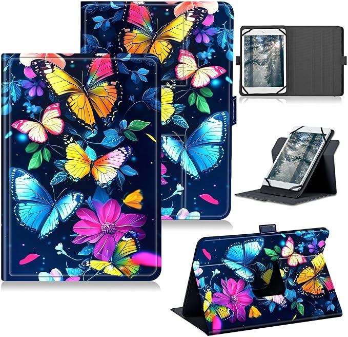 Universal Case for T-Mobile Revvl Tab 2 10.1" Model:9185W 2025/Revvl Tab 5G 10.36" 2023, 360 Degree Rotating Kickstand Protective Stand Leather Shell Cover for 9"-10.5", Colorful Butterfly