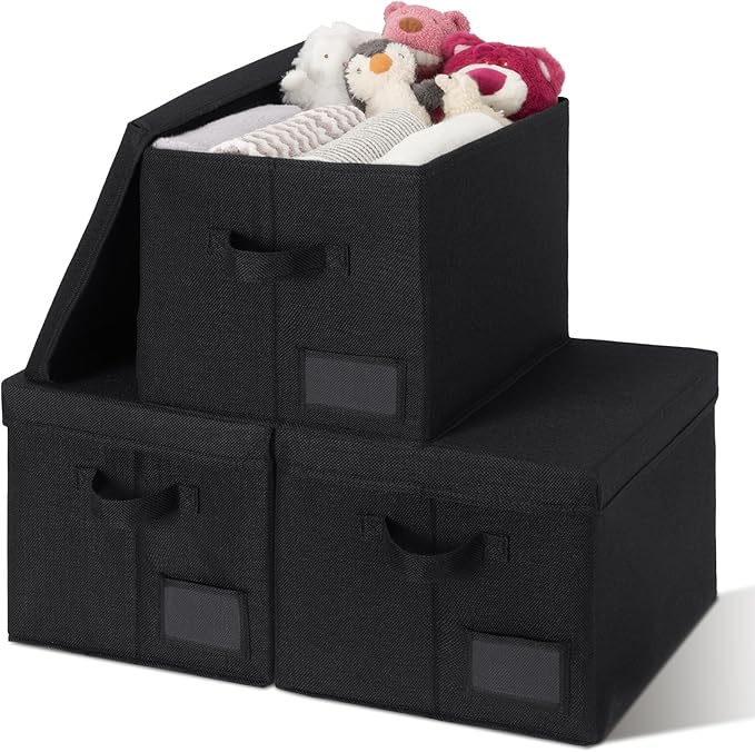 GRANNY SAYS Storage Bins with Lids, Decorative Storage Boxes with Lids | Storage Box with Dust Cover, Handles & Lable, Collapsible, Ideal for Closet Clothes Blanket Toys, Large, Black, 3-Pack