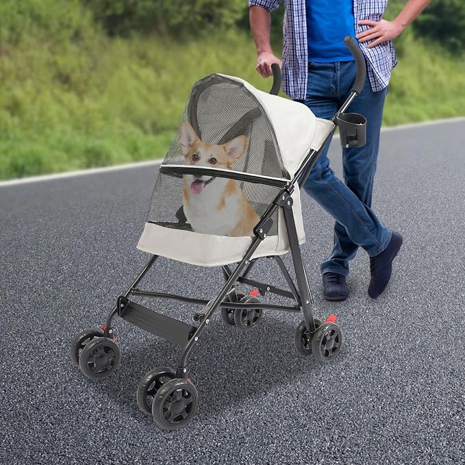2 Wheels Pet Stroller, Foldable Pet Strolling Cart with Storage Basket and Cup Holder, Puppy Kitty Stroller with Weather Cover, Travel Gear for Medium Small Dogs and Cats Under 22lbs (Gray)
