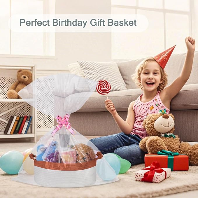 COMSE Small Gift Basket Empty with Bag & Ribbons, Autumn Glaze & White | Cotton Rope, 12"x 8"x 5", Pet Toy Storage Organizer, Woven Basket for Birthdays, Baby Showers, Mother’s Day, Valentine’s Day