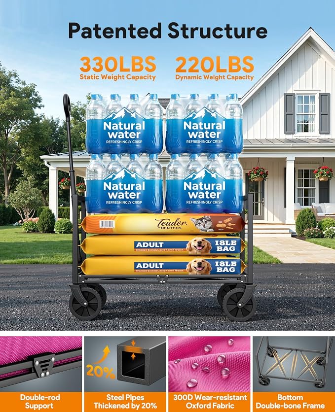 Collapsible Wagon Cart with Wheels, 220LBS for Grocery Shopping Camping | 110L Capacity Wagons Carts Foldable,220LBS Heavy Duty Wagon Carts, Lightweight Portable Utility Cart,All-Terrain Wheels
