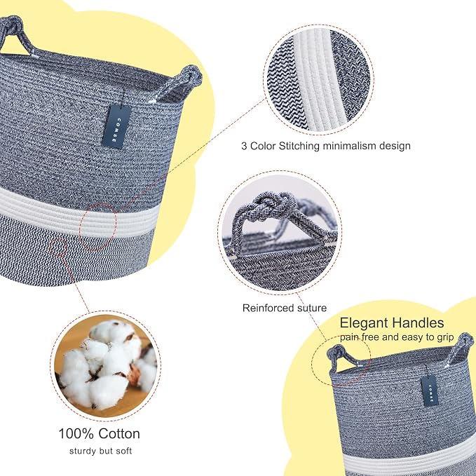 COMSE Tall Woven Blanket & Laundry Basket, 72L, Blend Navy Blue & White | 15.7”x 21.7”, Cotton Rope, Large Nursery Hamper for Storage of Toys Clothes Towels, Great for Living Rooms Bedrooms Bathrooms