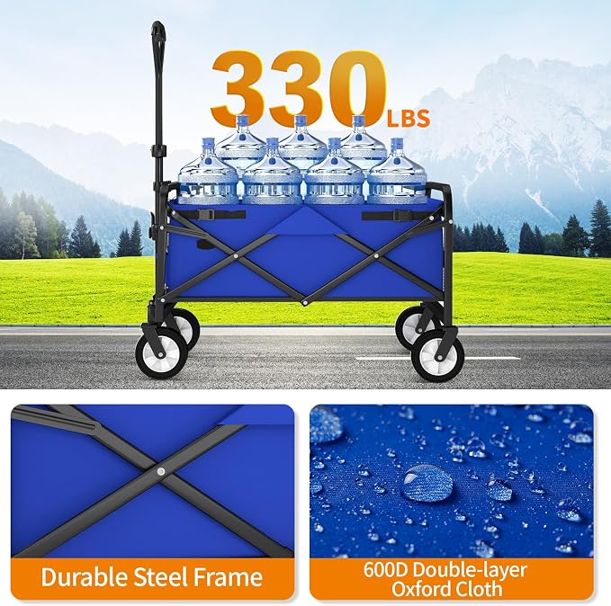 Collapsible Folding Wagon Garden Cart Beach Wagon Grocery Wagon All-Terrain Wheels Garden Grocery Wagon for Shopping Park Picnic, Beach Trip, Outdoor Activities, Camping (Blue)