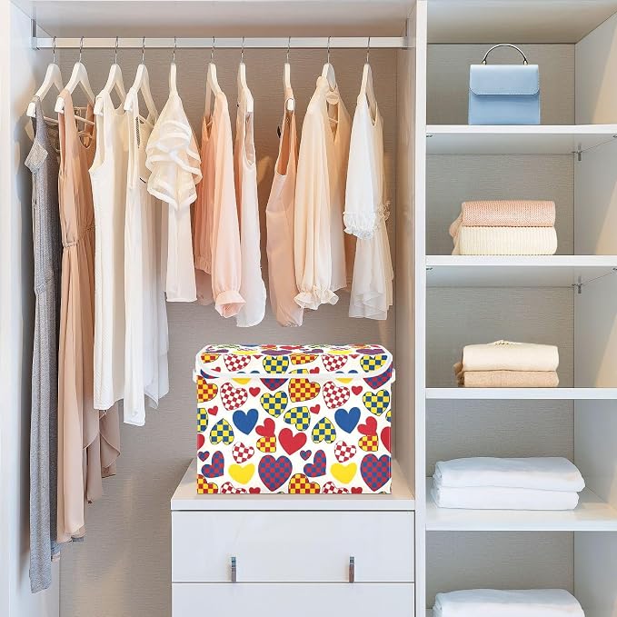 Color Heart Fabric Storage Bins with Lid Foldable Storage Boxes 40L Baskets | Decorative Storage Boxes, Dust-Proof Flip Top, Reinforced Handles, For Home & Bedroom, Clothes & Toy Box, Oxford Fabric Print