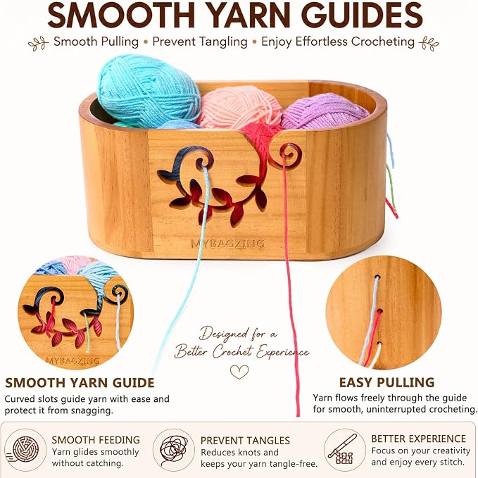 MYBAGZING Wooden Yarn Bowl with Lid, Large Acacia Crochet Yarn Holder with Phone Stand & Tool Tray, Yarn Storage Organizer for Knitting & Crocheting, Floral Design Gift for Crocheters