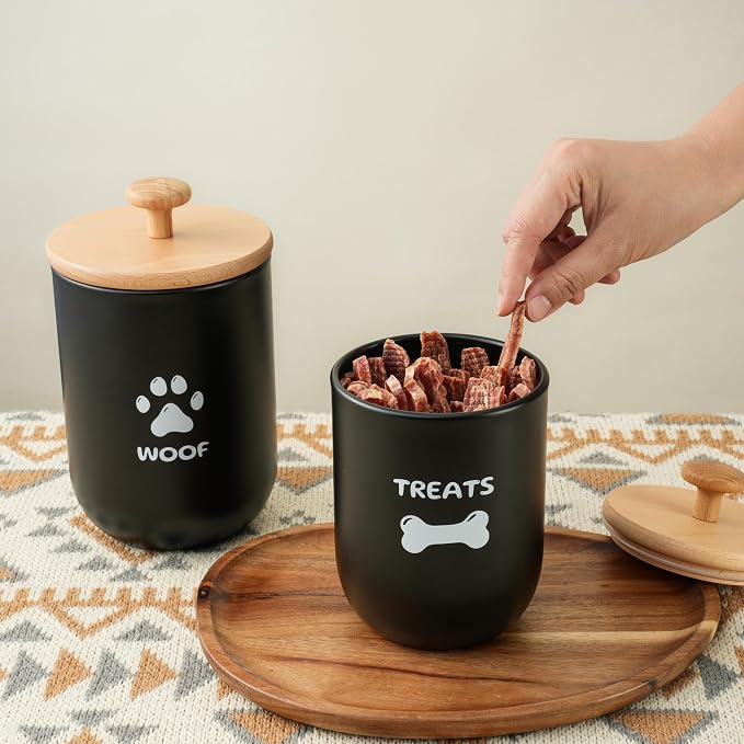 Dog Treat Container Set of 2, Dog treat jar with Airtight Lid, Small dog food container, Dog Cookie Jar for kitchen Counter, Treats Canister, Pet Treat Container 8.3x4.9 & 7.1x4.3 (Black)