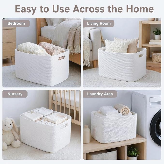 Cotton Rope Laundry Basket Extra Large, 25.4GAL Collapsible Woven Storage Baskets for Living Room Kids Toys Stuffed Animal,Boho Rectangular Decorative Hamper for Dirty Clothes, Blankets Pure White