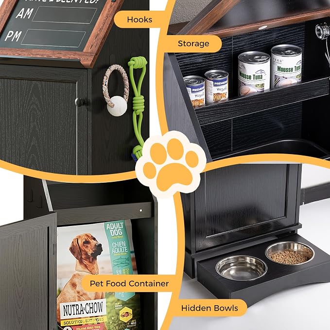 Dog Food Feeding Station with Storage, Pet Food Storage Cabinet with Bowls and Flip-Top Blackboard, Hidden Trash Can, Pet Organizer Cabinet for Dog and Cat, Black