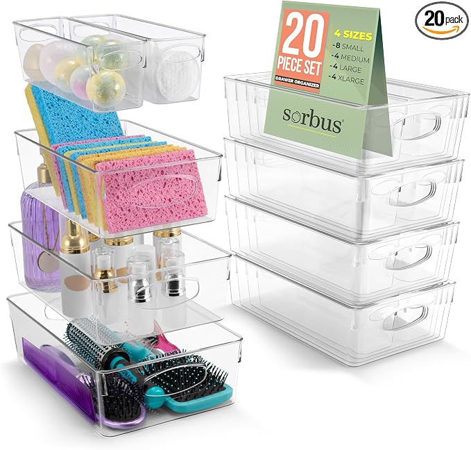 Sorbus Fridge Organizers and Storage, Clear Bins (20 Pack) | Handles support easy access and transport for pantry shelves, freezers, drawers and medicine-cabinet organization.