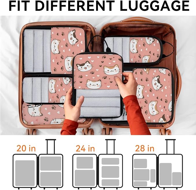 Cat Compression Packing Cubes Cat Paws Print 6 Set Travel Packing Cubes for Suitcases Lightweight Expandable Organizers