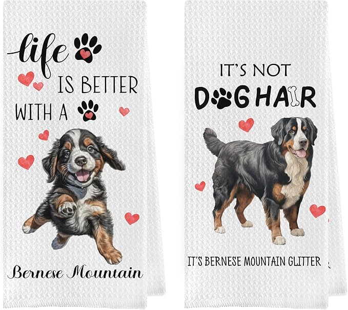Bernese Mountain Dog Dish Towels - Funny Bernese Mountain Dog Waffle Weave Kitchen Towels, Gifts for Bernese Mountain Dog Lovers (16×24 Inches Set of 2)