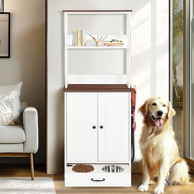 ZMAD Dog Feeding Station with Storage Cabinet and Double Door Locker with 2 Adjustable Dog Bowls, Hidden Pet Feeder Station Wood, Cat Food Storage Cabinet (3)
