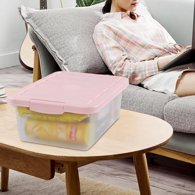 14 Quart Plastic Latching Storage Box, Plastic Underbed Storage Bin with Pink Lids, 2 Packs