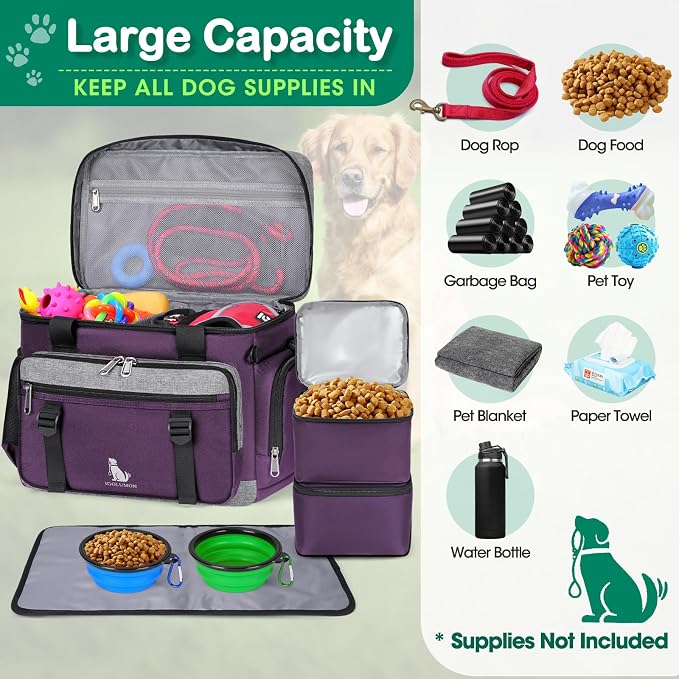 IGOLUMON Dog Travel Bag Large Waterproof Pet Travel Bags Set for Supplies | Weekend Travel Kit Tote Organizer Multi-Pocket Food Travel Bag with 2 Extra Large Food Containers, 2 Dog Bowls, 1 Feeding Mat