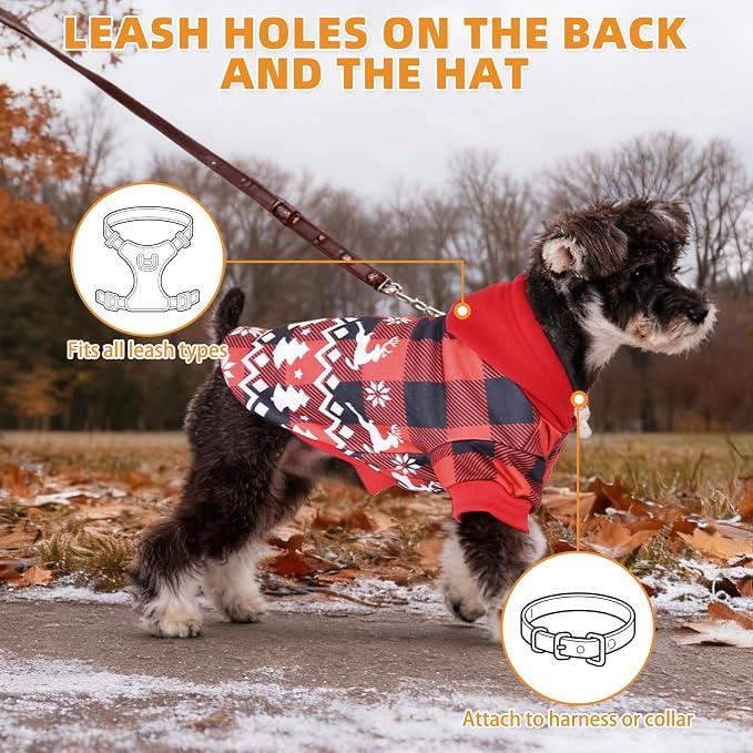 KOOLTAIL Christmas Dog Hoodie, Red Plaid Pet Sweater, Hat Hooded Sweatshirt Dog Clothes for Small Medium Large Dogs, Soft Warm Winter Cold Weather Coat with Leash Hole&Pocket, Reindeer Snowflake, M