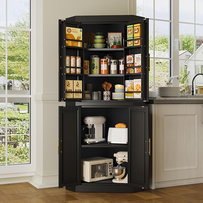 GAIOUS 63" Metal Corner Kitchen Pantry Cabinet, Food Storage Cupboard Black | Tall Steel Storage Cabinet with 4 Doors and 3 Shelves, Kitchen Food Cabinets with 6 Door Panel Shelves, Farmhouse, for Dining
