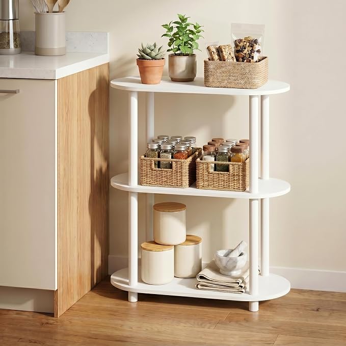 Furinno Turn-N-Tube No Tools 3-Tier Modern Oval Side Display Rack, White/Virgin White | Rounded Edges, Book Shelf, Open Frame Storage Shelves, Round Tubes, for Organization and Storage, Living Room, Home Office
