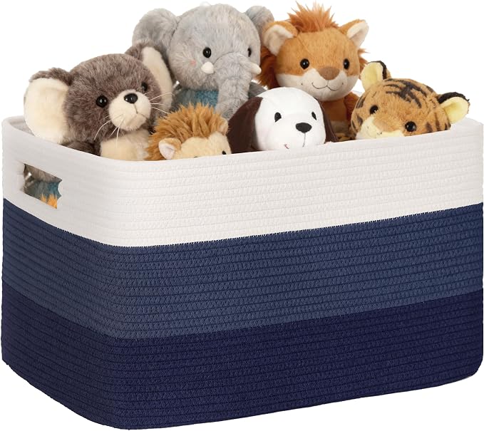 72L Large Woven Laundry Basket Hamper with Handles, Gradient Blue | collapsible wicker hamper, storage for dirty clothes, toys, blankets, gifts, living room, bedroom, bathroom, 22"x17"x12"